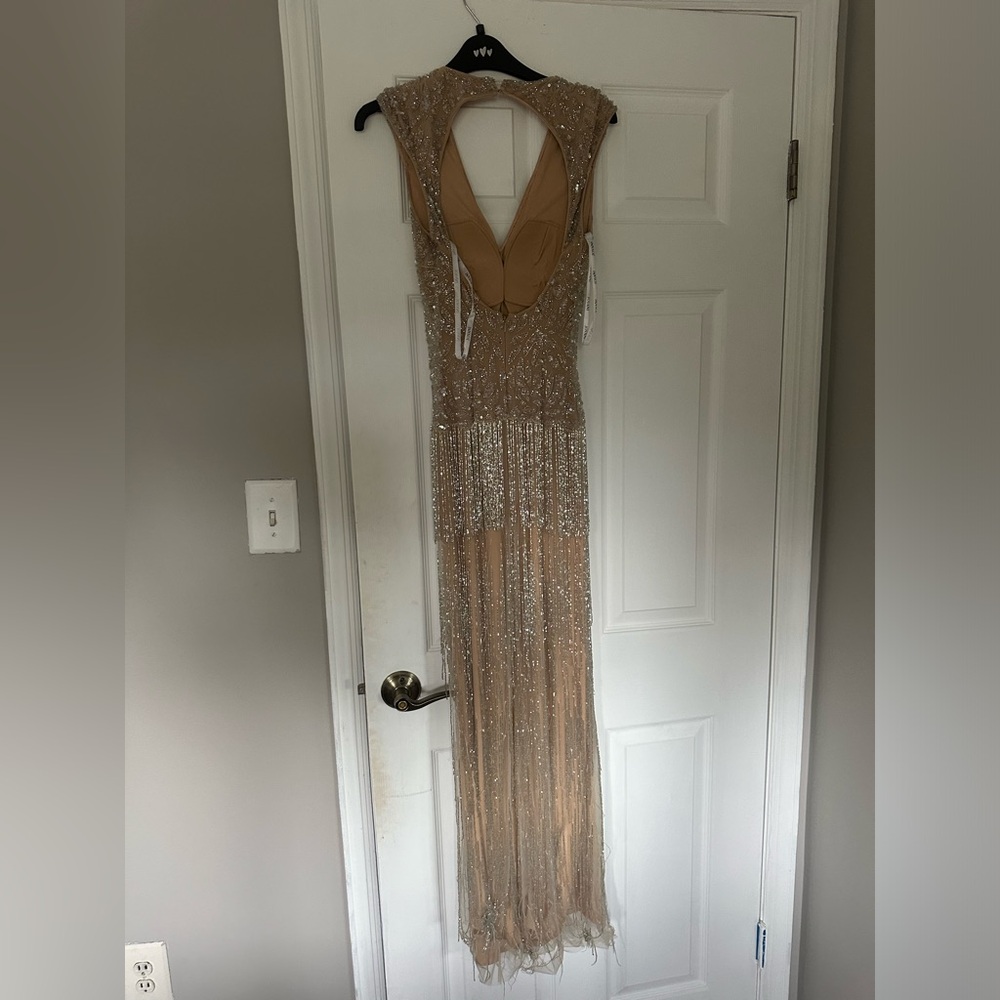 Jovani beige and silver tassel maxi dress open back - Picture 12 of 12